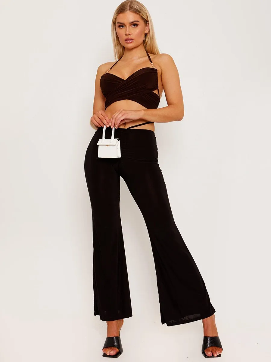 Shanya Cross Wrap Halter Crop Top with Chain Detail In Brown