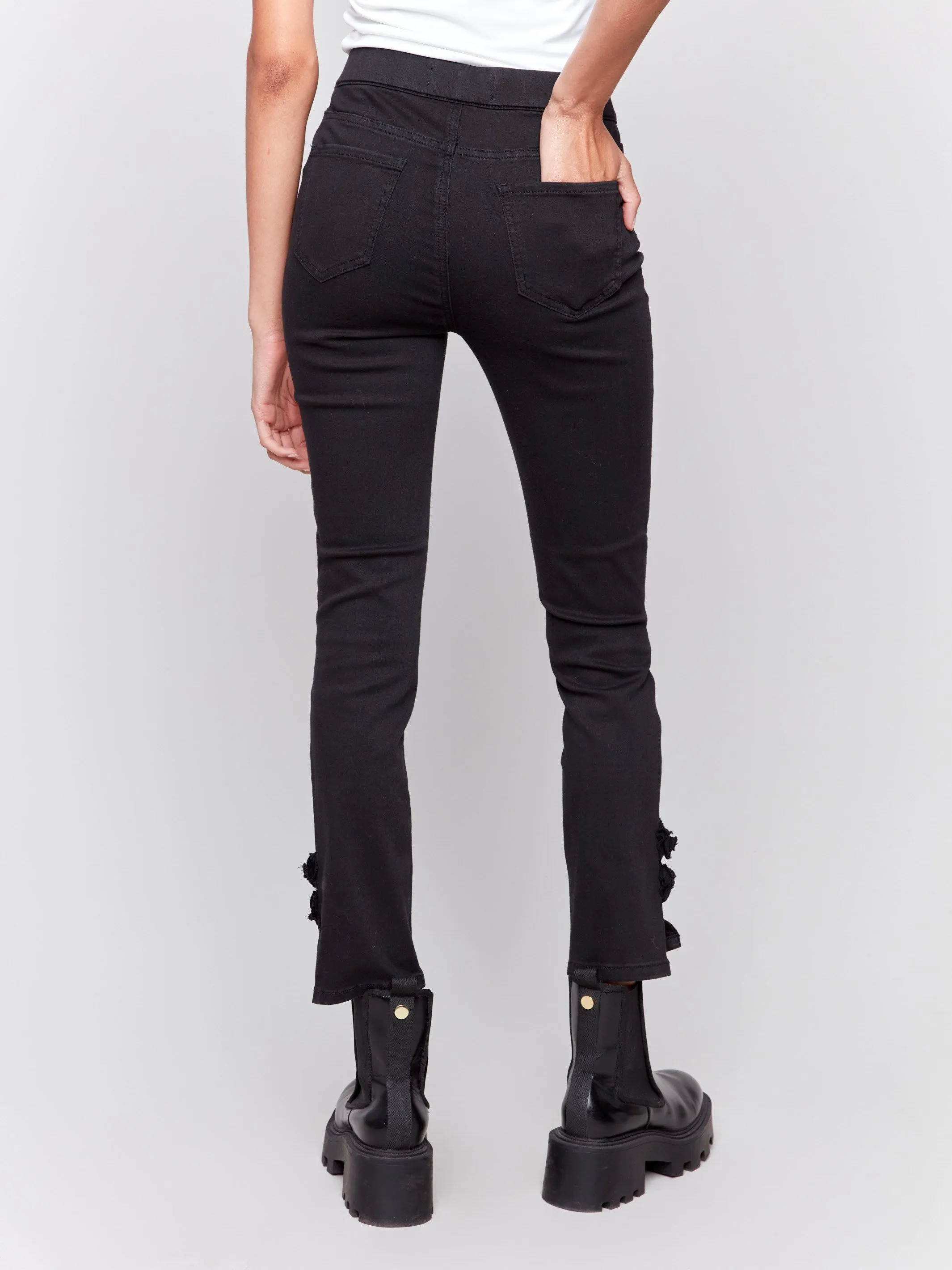 Slim Twill Pants with Side Roses - Black