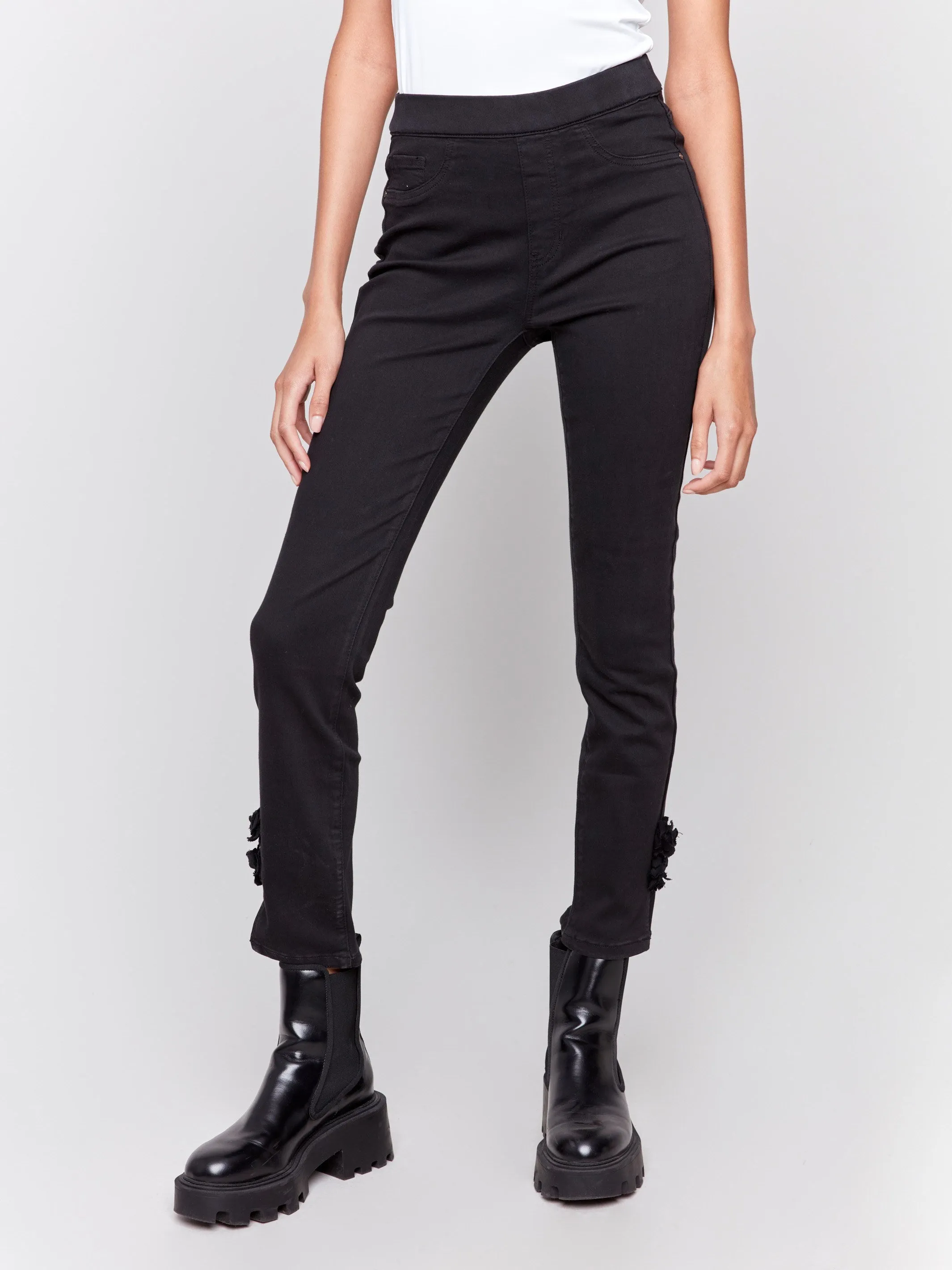 Slim Twill Pants with Side Roses - Black