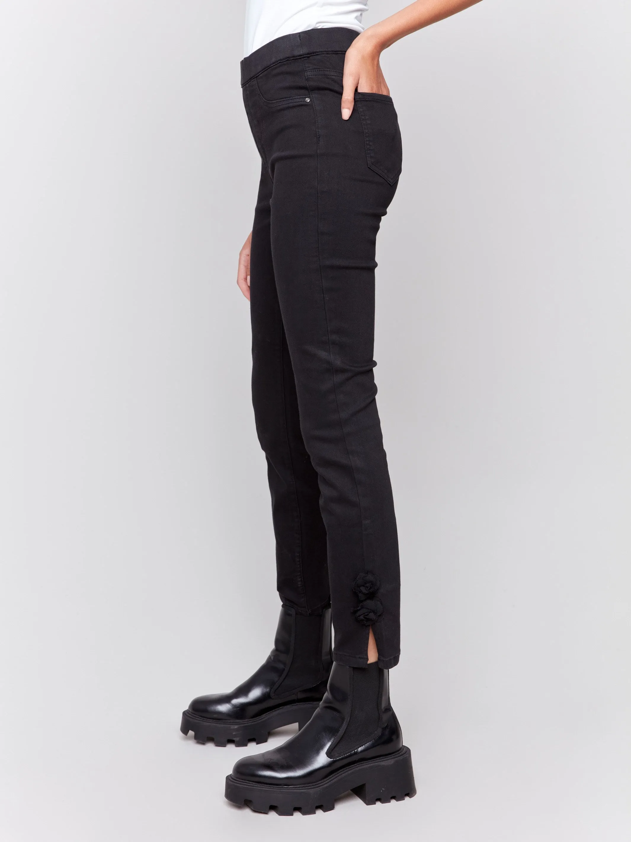 Slim Twill Pants with Side Roses - Black