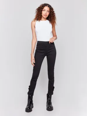 Slim Twill Pants with Side Roses - Black