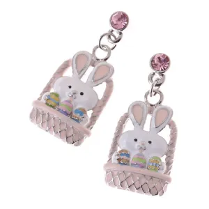Spring Easter Jewelry Bunny in Easter Egg Basket Crystal Earring Silver Pink