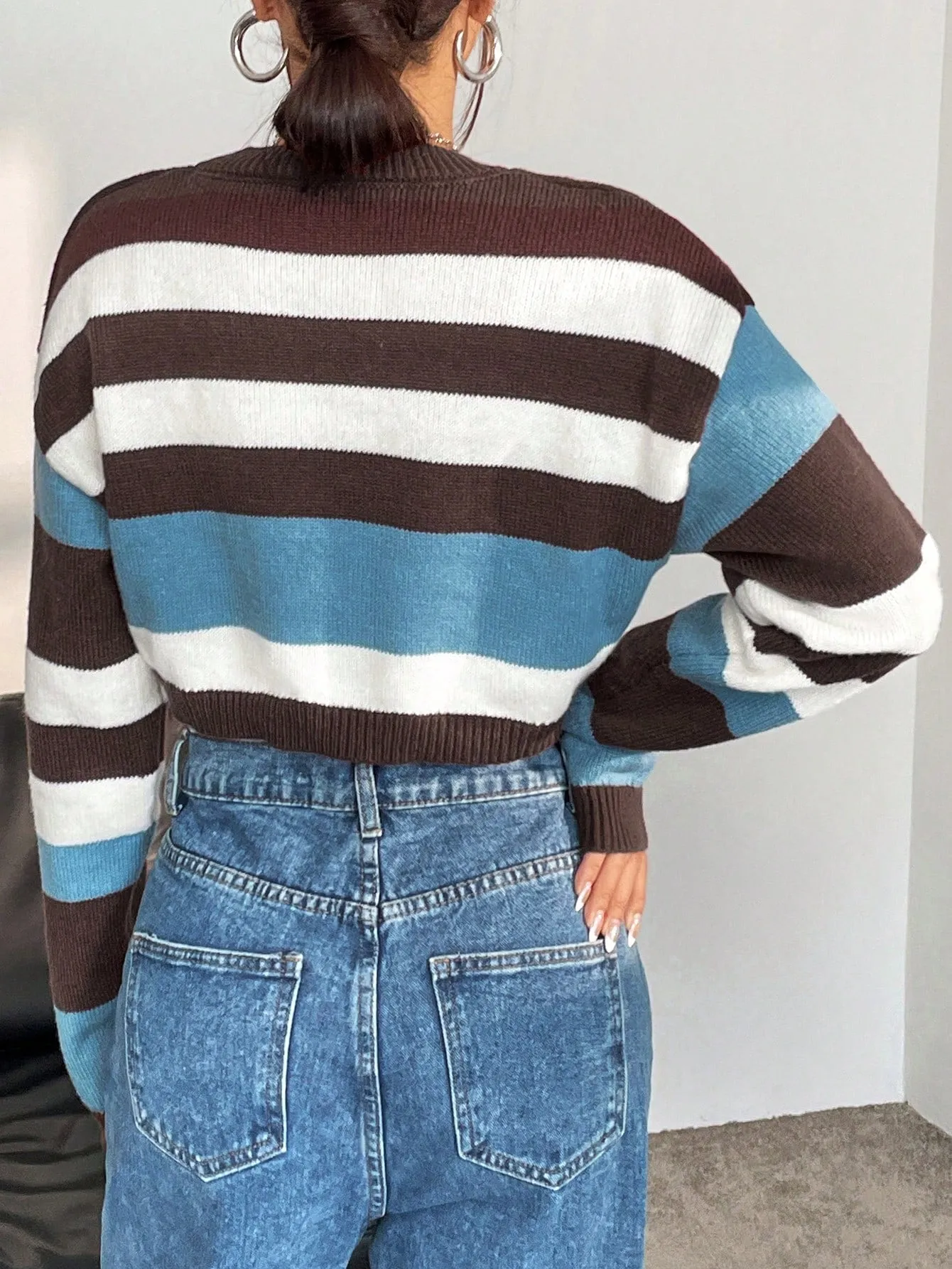 Striped Pattern Drop Shoulder Tie Front Crop Cardigan