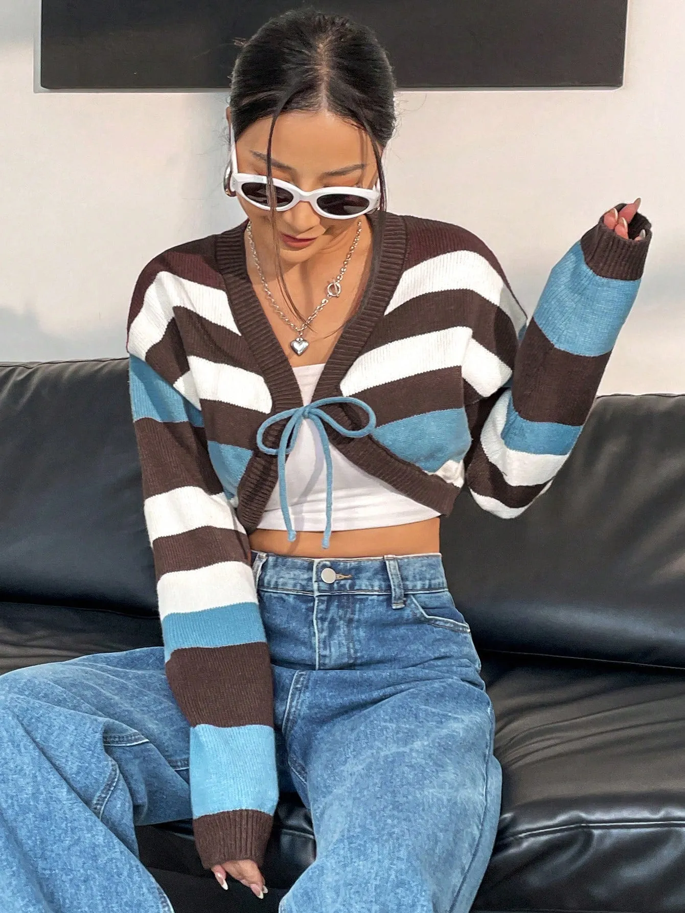 Striped Pattern Drop Shoulder Tie Front Crop Cardigan