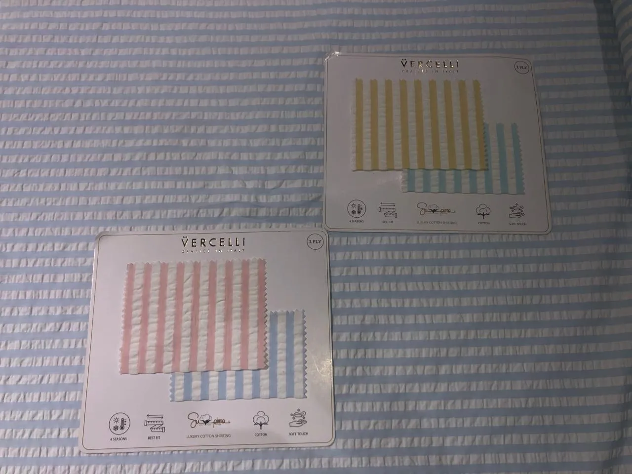 Vercelli Italian cotton seersucker fabric 58" wide available in white / multi/ blue /fawn /baby pink/ sky blue and bright blue seersucker stripes