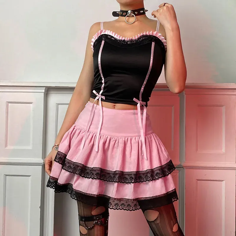Vintage Gothic New Academy Style Pink Double Lace Stitched Skirt