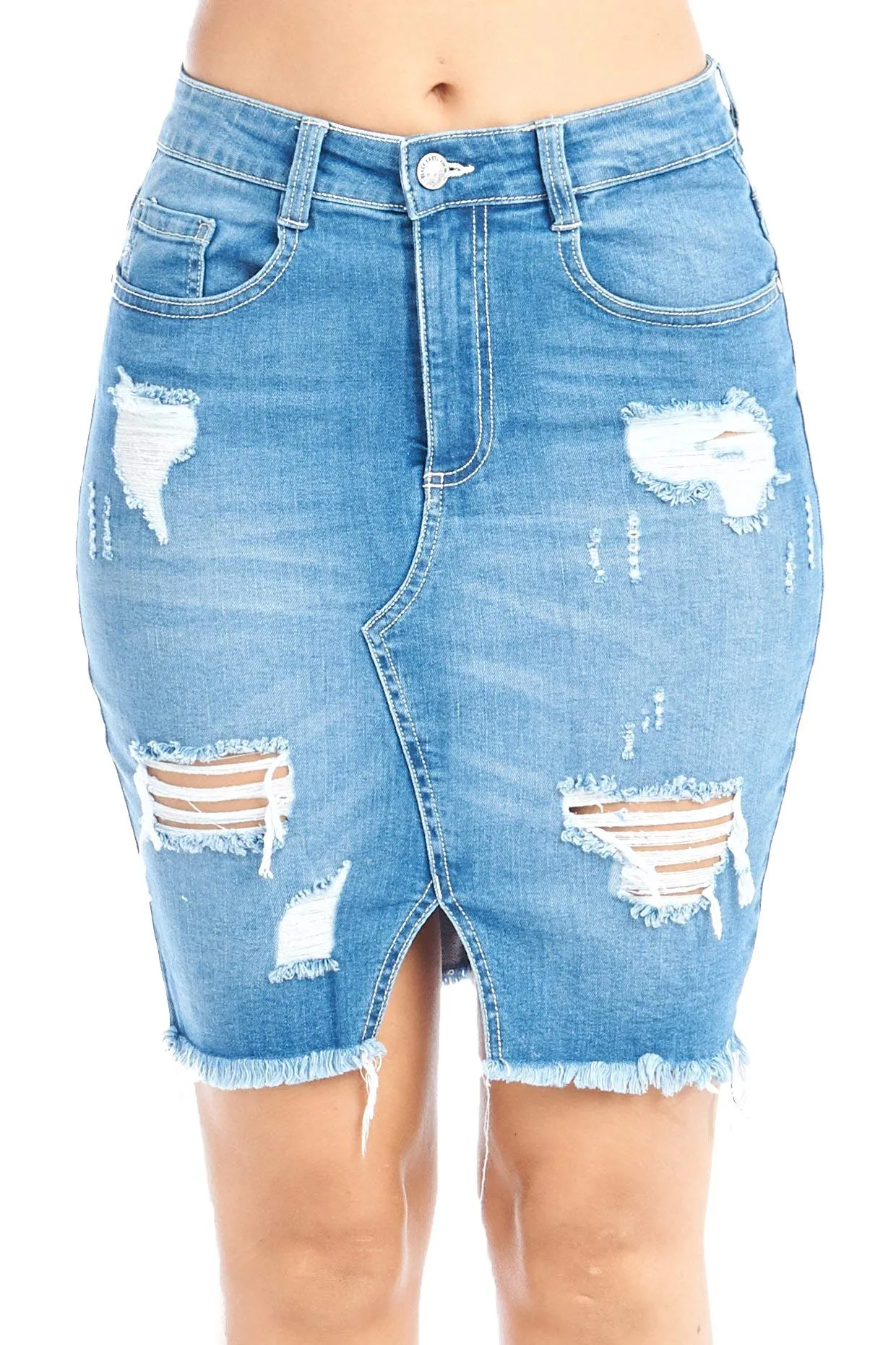 Women's Classic Cotton High-Rise Denim Jean Casual Basic Distress Frayed Asymmetrical Hem Midi Skirt