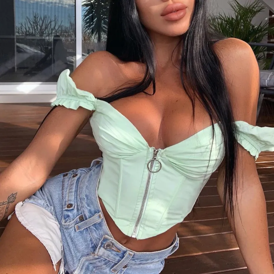 Women's Summer V-Neck Sleeveless Crop Top With Zipper