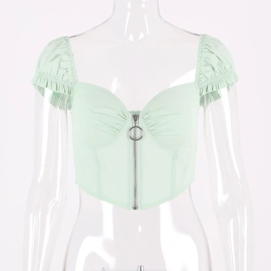 Women's Summer V-Neck Sleeveless Crop Top With Zipper